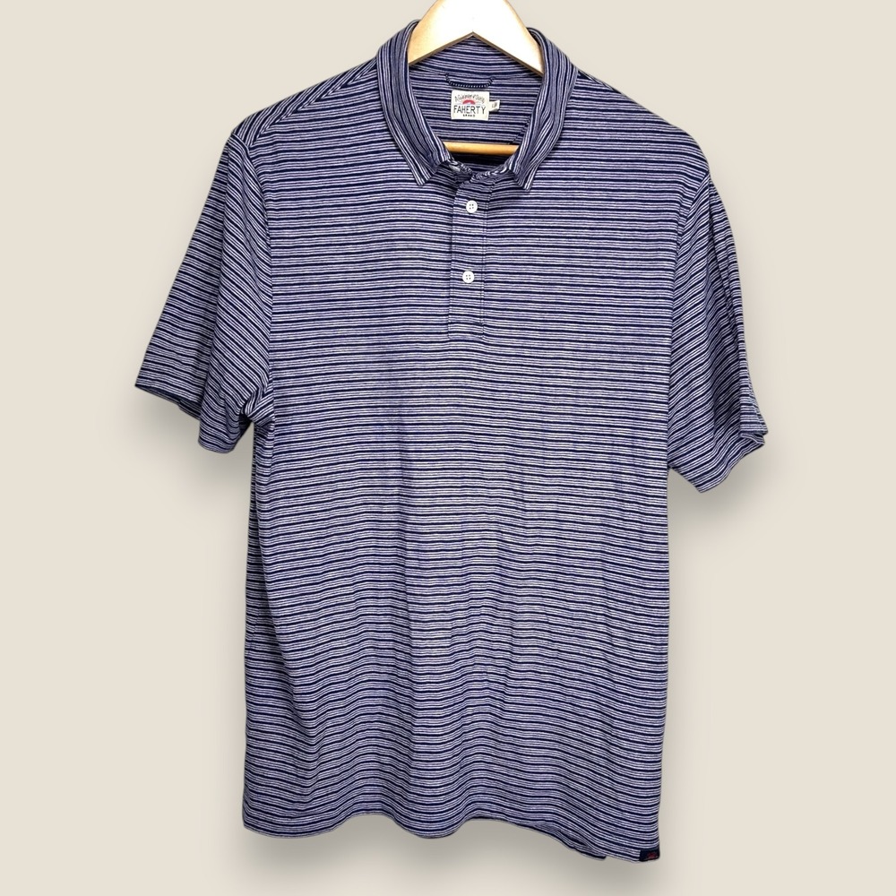 Faherty Brand Polo Shirt Men Large Purple White Striped Cotton Tencel Stretch